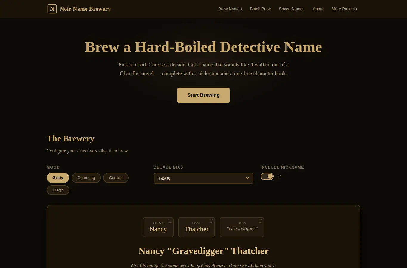 Screenshot of Film Noir Detective Name Brewery interface showing the project page in use